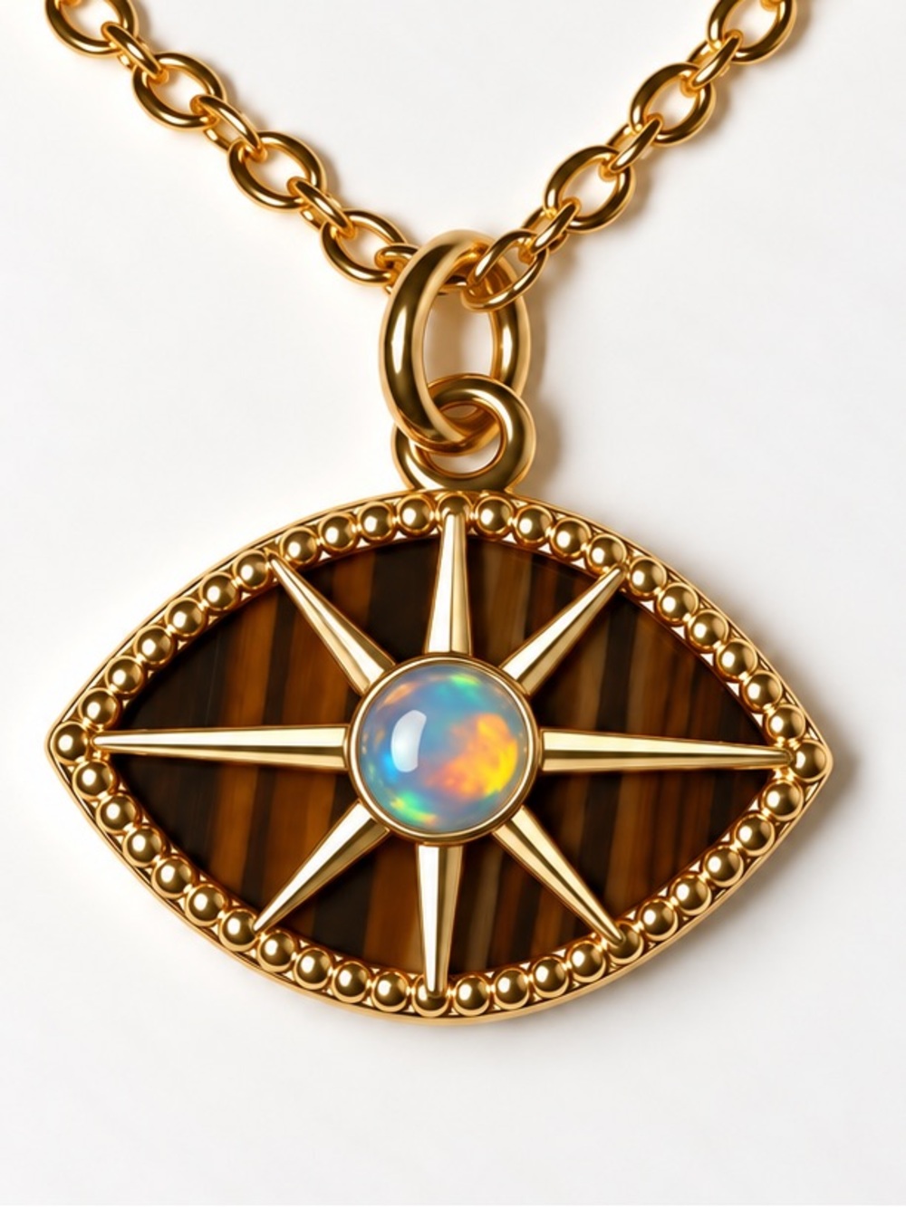 All-Seeing Tiger’s Eye Moonstone Iris Starburst Sunburst Evil Eye of Ra Necklace